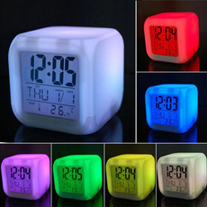LCD Clock 7 LED Colors Changing Digital Alarm Clock Desk Gadget Digital Alarm Thermometer Night Glowing Cube