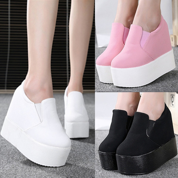 Fashion Womens Platform Slip On Creepers Loafer Casual Wedge Heel Trainers Shoes 