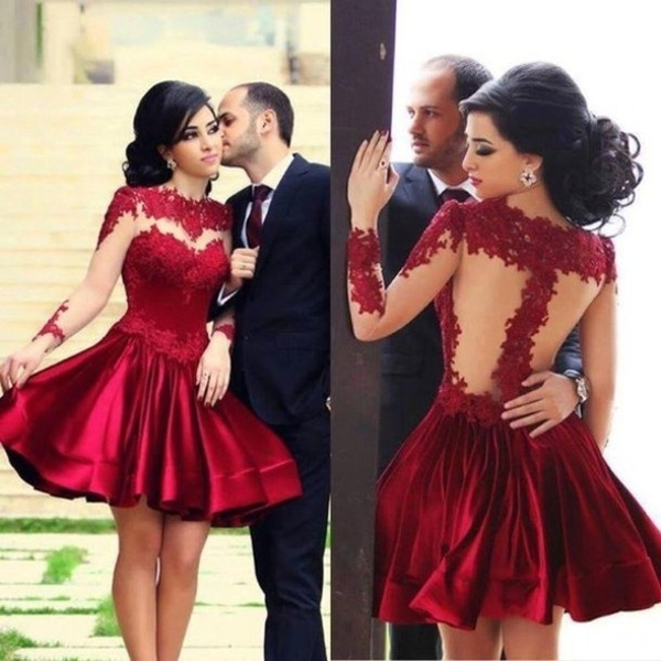 New High Neck Appliques Burgundy Lace Long Sleeves Prom Dresses Party Gowns A line Short Homecoming Dresses Wish