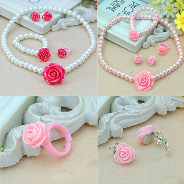 Set Pearls Flower Shape Kids Girls Child Necklace Bracelet Ring Ear Clips Sets 