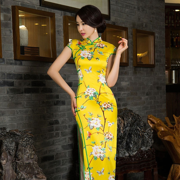 Yellow Traditional Chinese Clothing Cheongsams Female Satin Novelty Costume  Socialite Elegant Long Cheongsam Qipao
