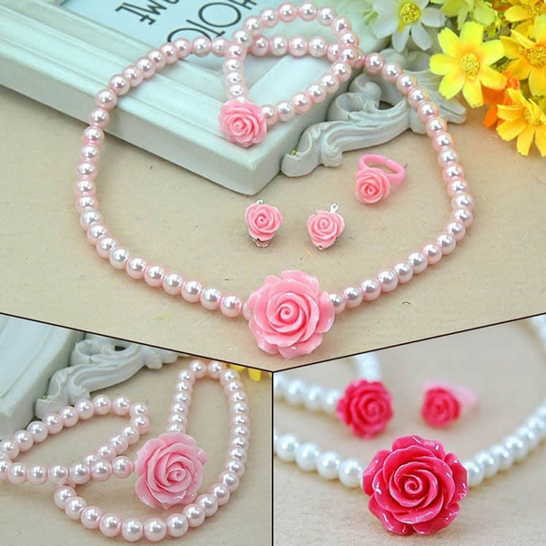 Sets Pearls Kids Girls Child Necklace Bracelet Ring Ear Clips Set Flower Shape 