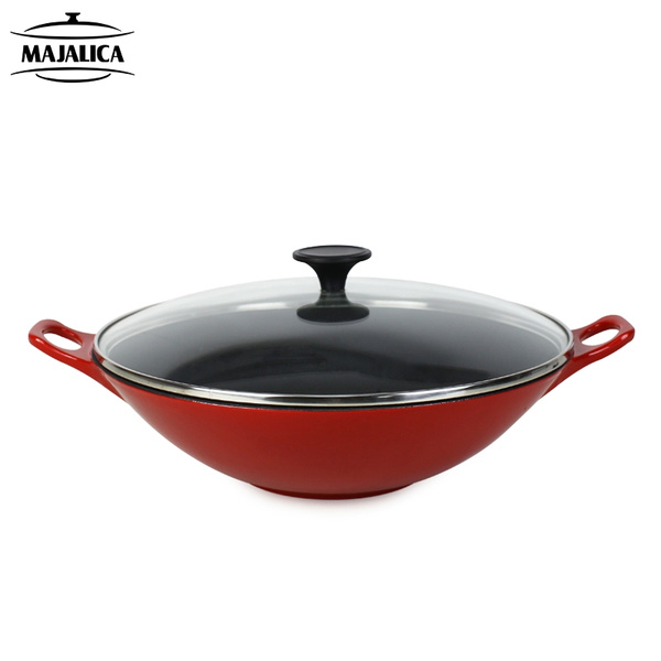 Majalica Red Enameled Cast Iron 4.2 Quart/4L Wok/ Chinese wok with Glass  Lid