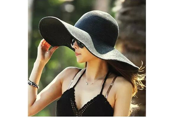 Buy 1pc Women's Foldable Wide Large Brim Beach Sun Hat Straw Beach Cap for  Ladies Elegant Hats Girls Vacation Tour Hat - Black Online at  desertcartINDIA