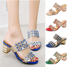 2016 New Style Rhinestone Cut Out Women's Party High Heels Slip - On Women's Sandals Summer Shoes Women's Tongue Sandals Slippers