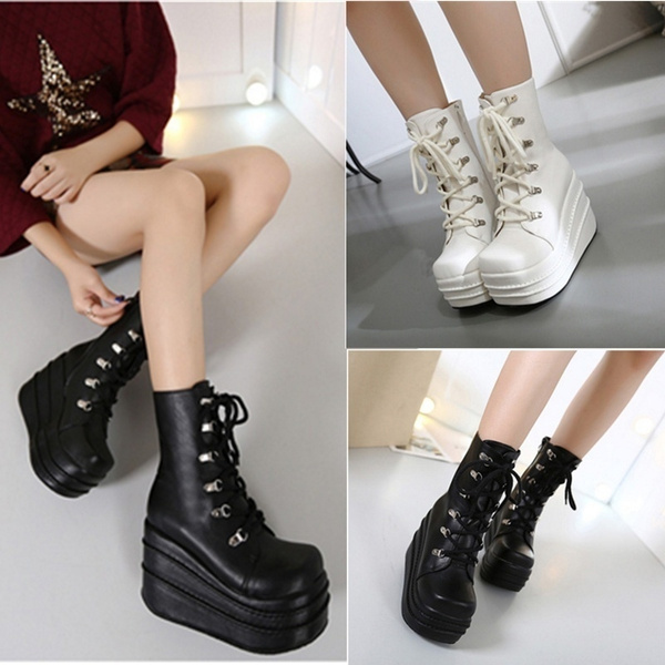 2018 New Womens Lace Up Square Toe Gothic High Platform Wedge Faux Leather  Ankle Boots Motorcycle Boots Plus Size 35-43