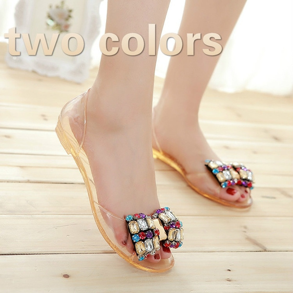 2016 new fashion Plastic Sandals Female Flat Rhinestone Jelly Sandals Women With Bows Summer Crystal Transparent Jelly Shoes For Girls