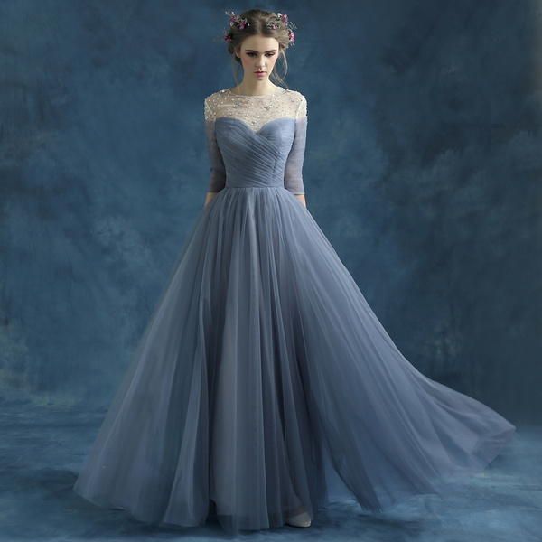 bluish grey prom dress