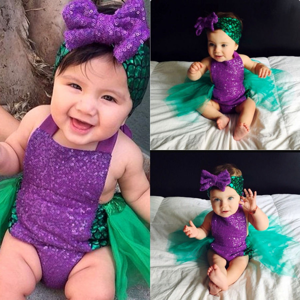 Sequin Baby Girls Mermaid Tulle Romper Bodysuit Headband Sunsuit ...