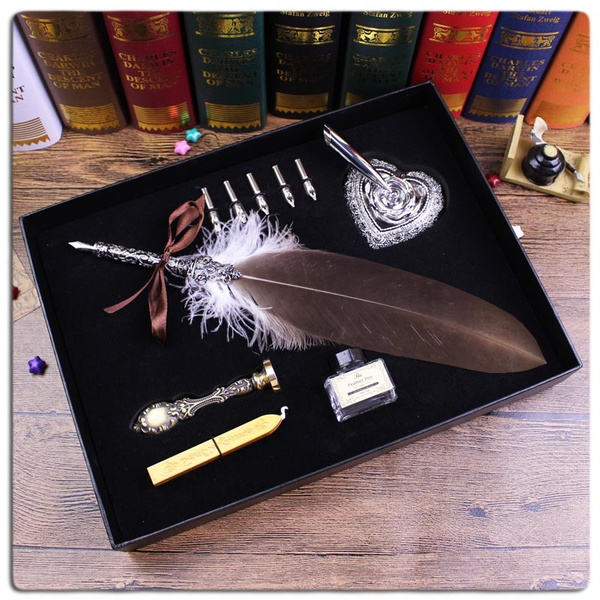 Nature Feather Pen Quill Dip Craft Pen with Sealing Wax Stamp Pack In Black  Gift Box Graduation/birthday/festival Gift