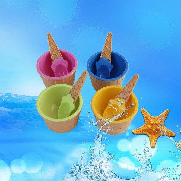Blue Childrens Plastic Ice Cream Bowls Spoons Set Ice Cream Cup Dessert Bowl Reusable Gifts for Kids 1pcs