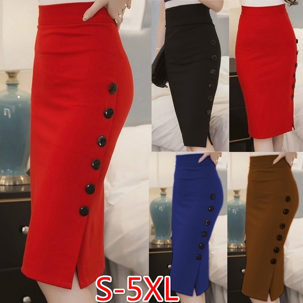 Plus Size S 5xl Elegant Women Slim Ol Open Slit Button Slim Pencil Midi Skirts Wish