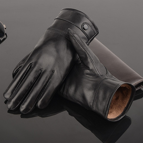 Men's Leather Gloves Winter Warm Sheepskin Gloves Velvet Thickened Thin  Leather Gloves Men Riding