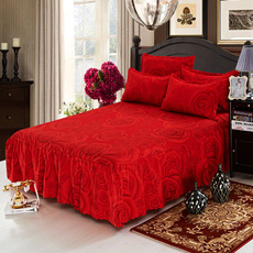 Rose Red Ruffled Bed Skirt Brushed Microfiber Bedspread Coverlet with 2 Pillowcases