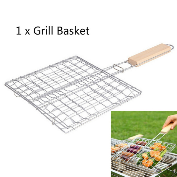 Barbecue Grilling Basket Grill BBQ Net Wooden Meat Supplies Fish Vegetable B3E1 