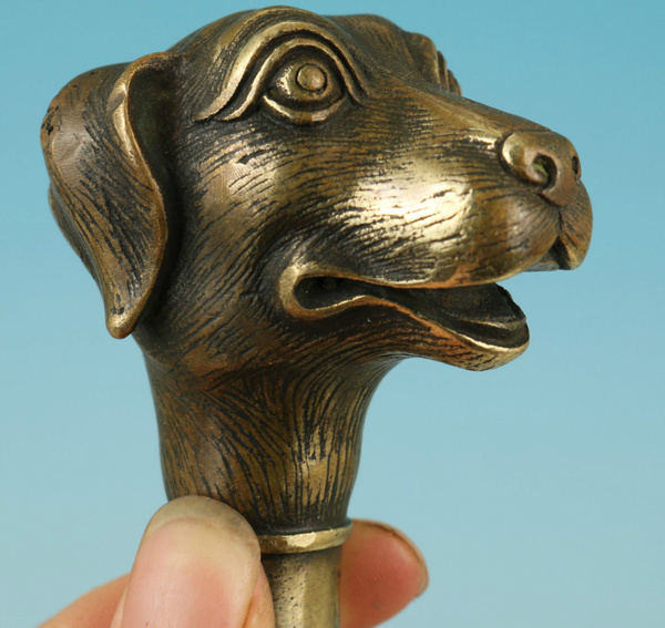 Chinese Old Bronze Handmade Carved Dog Statue Walking Stick Head