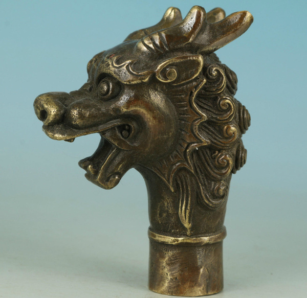 COLLECTABLE-OLD-BRASS-DRAGON-STATUE-CANE-WALKING-STICK-HEAD-HANDLE-CHINESE-MYTH