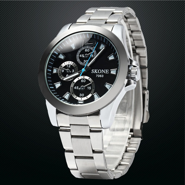 SKONE 7063 Men Luminous Steel Strap Quartz Watch with Decorating