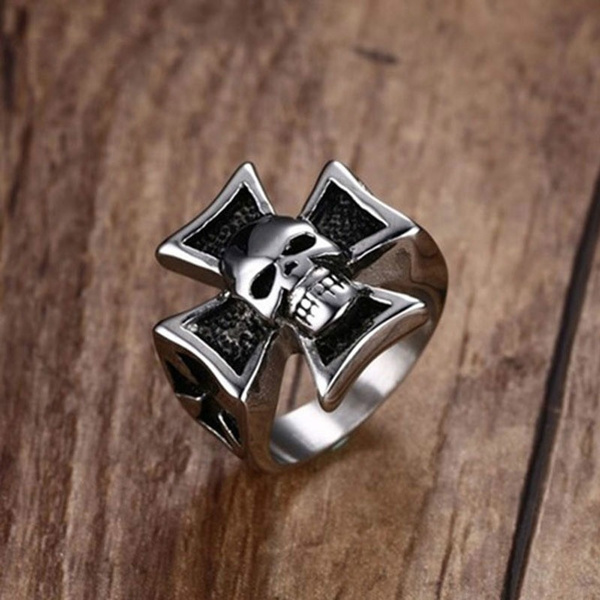 Male Silvertone Iron Cross Skull Stainless Steel Ring For Men