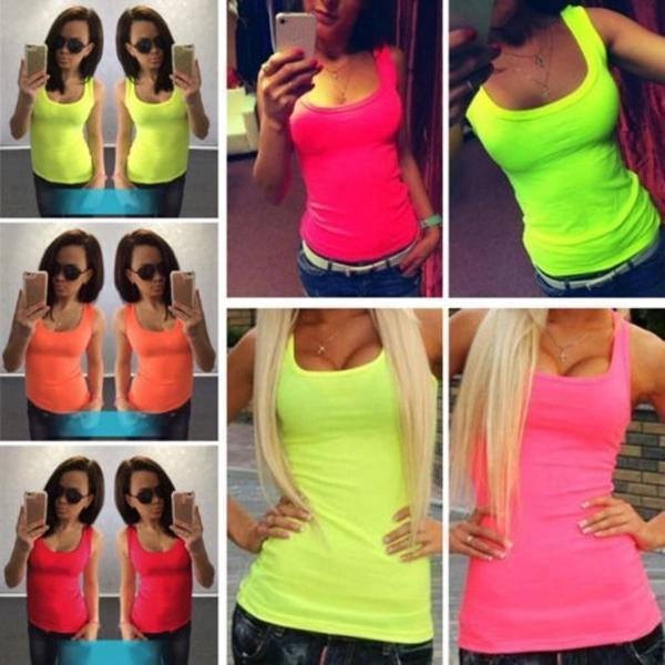 Fluorescent Colors Sexy Women Summer T shirt Tank Tops O-neck Slim Fashion  Top Vest