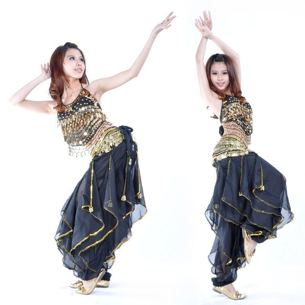 Los mejores conjuntos de trajes de danza del vientre para danza, tops y  pantalones harén ondulados dorados y cinturón con pañuelo en la cadera -  negro | Wish