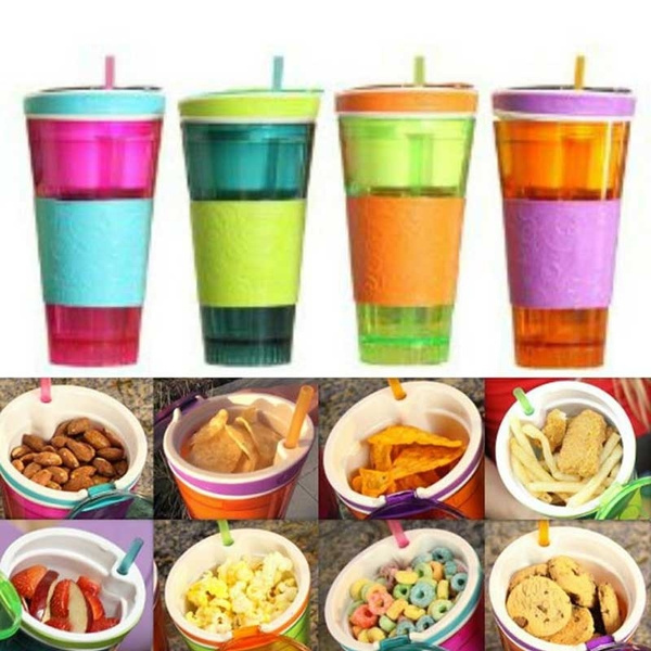 Travel Cup Snack drink In One Container Lid Straw Kids Snack Bottle  Separated Ine With A Straw Cup