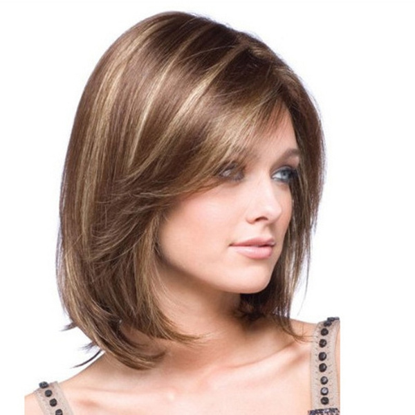 Women Wig Heat Resistant Synthetic Hair Wig Elegant Natural Inclined Bang Short Straight Hair