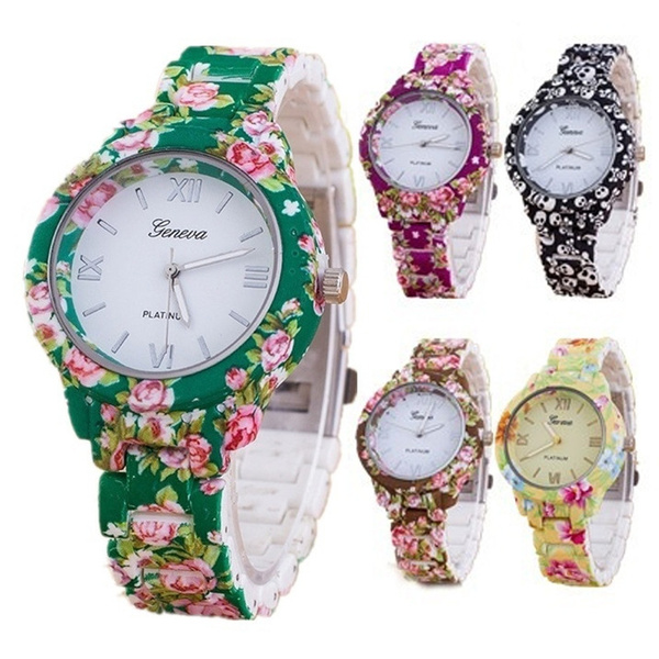 Unique Elegant Luxury Classy Plastic Flower Printed Geneva Silicone Watch Fashion Casual Quartz Sports Analog Watches Accessories