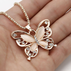 Women  Lady Rose Gold Opal Butterfly Pendant Necklace Sweater Chain 