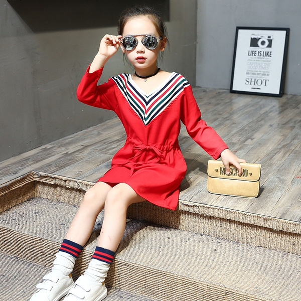 V Collar Belted Dress Kids Midi Dresses 