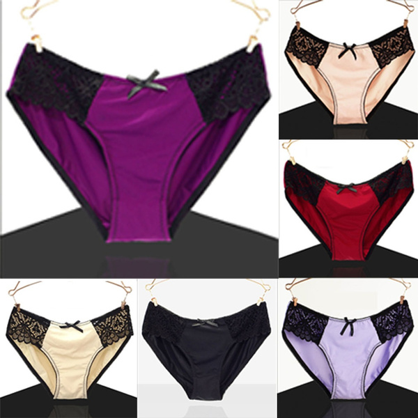 Women's Sexy Panties Ice Silk Briefs Lady Satin Lace Underwear Seamless  Lingerie 