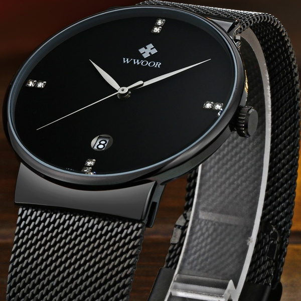Men's Fashion Ultra Thin Black Stainless Steel Mesh Strap Quartz Watch ...