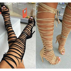 Fashion Gladiator Roman Women High Heels Cross Lace Up Stiletto Knee High Boots Sandals Shoes