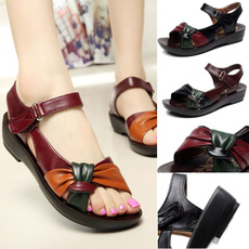 Fashion Leather Knot Sandals Low Heel Women's Summer Sandal Shoes Contrast Color Comfort Ladies Women Shoes Big Size