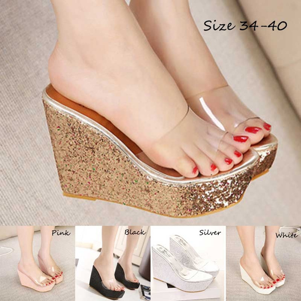 Womens Open toe High Wedge Heel Clear Transparent Slippers Shoes Sequins Sandals 