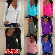 Bodycon T-shirt V-neck Wrapped Chest Sexy Top Long Sleeves Cotton Fashion Button Tops Plus Size