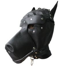 Men Leather Gimp Dog Hoody Full Mask Mouth Gag Costume Party Mask Zipped Muzzle (Color: Black)