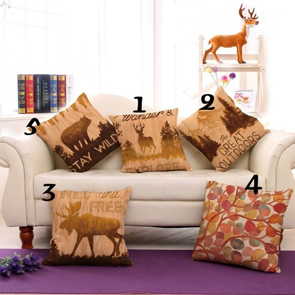 Vintage Nordic Wood Deer Animal Letters 18"Linen Throw Pillow Case Cushion Cover 