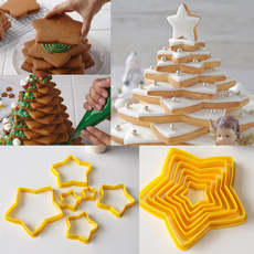 6pcs 3D DIY Heart Star Christmas Tree Cookies Cake Cutter Mold Set Baking Tool for Christmas Day(color:orange,red)