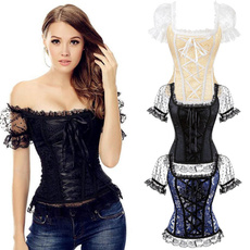 Women's Gothic Lace up Boned Corset Brocade Overbust Bustier with Lace Sleeves