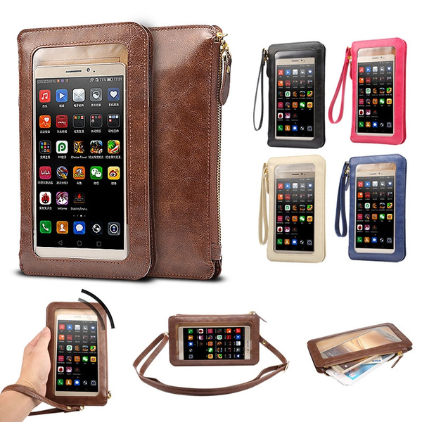 Universal View Window Touch Screen Leather Crossbody Wallet Purse Phone Pouch Bag Size 20 x 11.5cm within 6.3 inch mobile phone