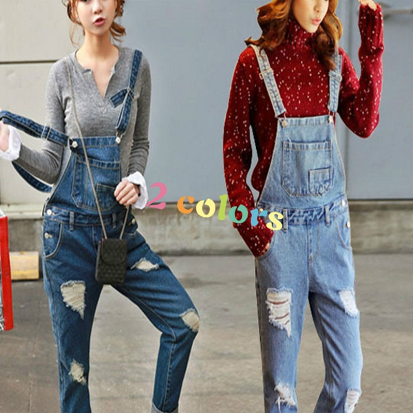 Denim Jumpsuit for Women Adjustable Strappy Straight Rompers with Pockets  Solid Color Loose Fold Hem Casual Outfits Pants - Walmart.com