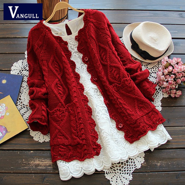 VANGULL Brand Autumn Winter Mori Girl Style Women Cardigan Solid Color  Sweater Knitted Cotton Jacket Plus Size Coat