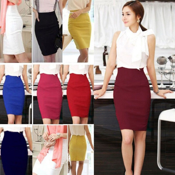 2019 Lady Office Solid Straight OL Stretch Pencil Skirt Business Formal ...