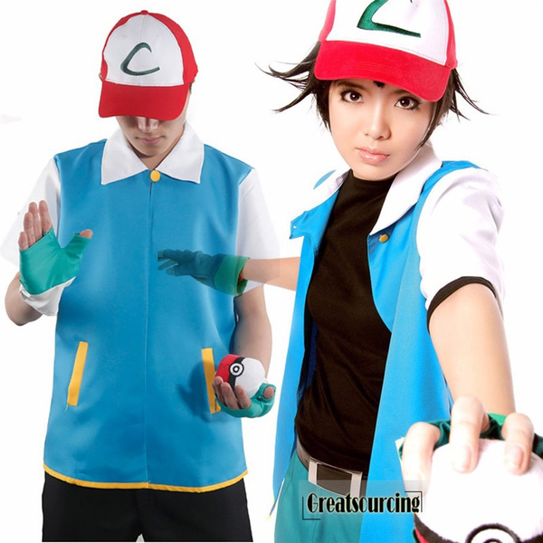 Male Men Anime Pokemon Ash Ketchum Trainer Costume Jacket Cap Gloves  Pokeball Pokemon Go Anime Halloween Cosplay Costume 4 in 1