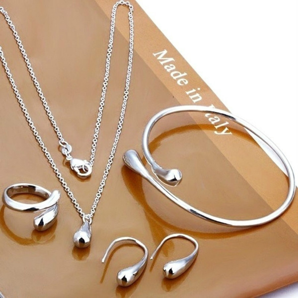 Hot Sale Wedding Fashion 925 Silver Plated Jewelry Set Big Hand Chain  Bracelet Necklace Ring Hook Oval Earings Eardrop Water Drop