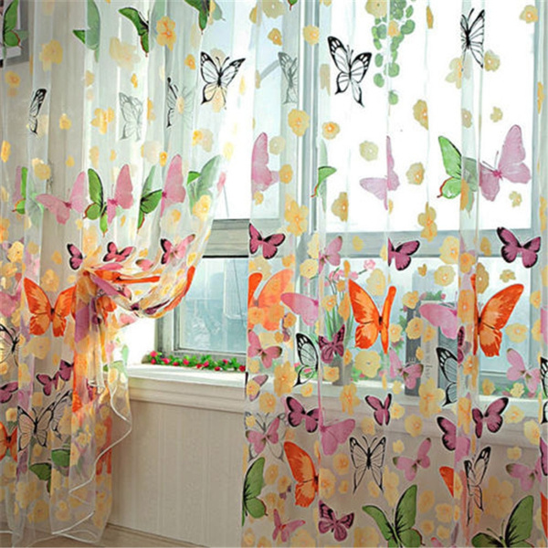 Butterfly Printed Design Background Window Drapes Voile Curtain Bedroom Decors 