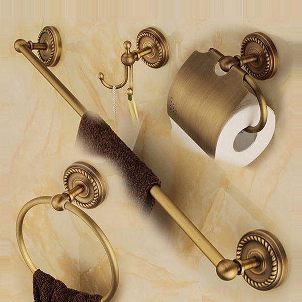 4 Piece Bathroom Hardware Accessory Set, Antique Brass Bathroom Hardware Sets