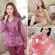 Women Spring Autumn Silk Pajamas Sets Lady Nightdress Female Home Clothes Homewear