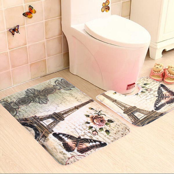 2pcs Set Paris Eiffel Tower Non Slip Bathroom Toilet Pedestal Rug Bath Mat Wish